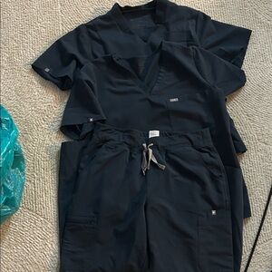 Blue Medical Scrub Set - (2)V-Neck Top & Drawstring Pants